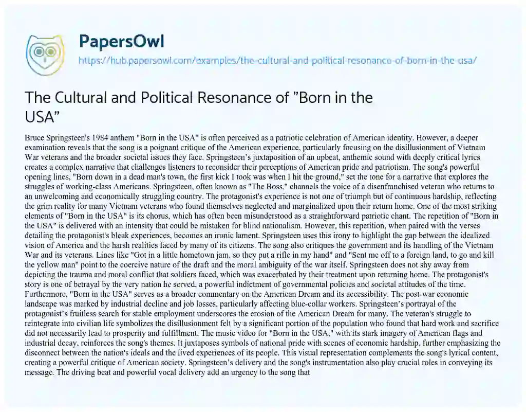 Essay on The Cultural and Political Resonance of “Born in the USA”