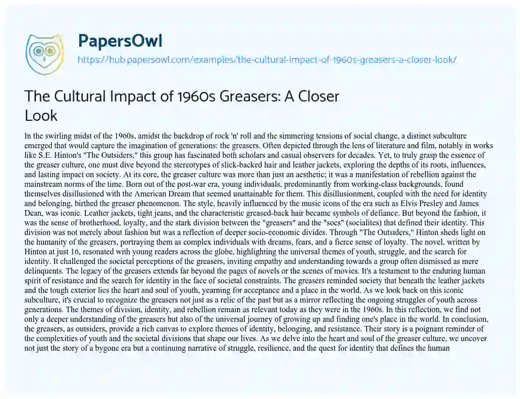 Essay on The Cultural Impact of 1960s Greasers: A Closer Look
