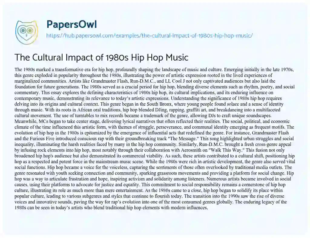 Essay on The Cultural Impact of 1980s Hip Hop Music