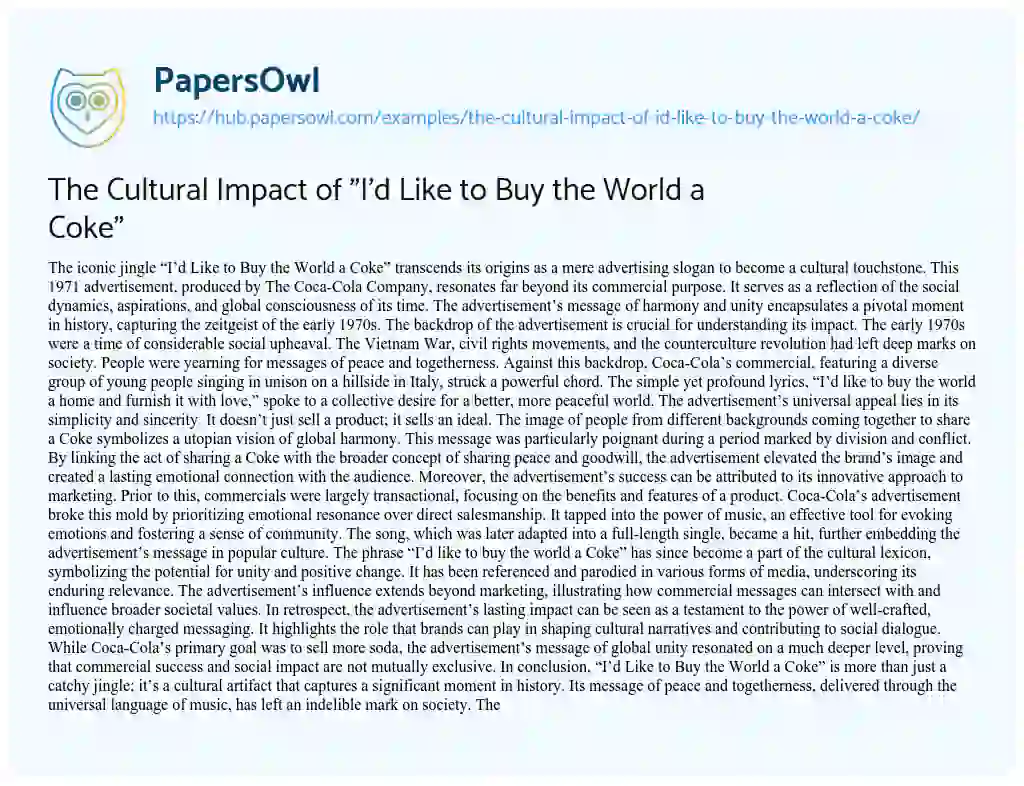 Essay on The Cultural Impact of “I’d Like to Buy the World a Coke”