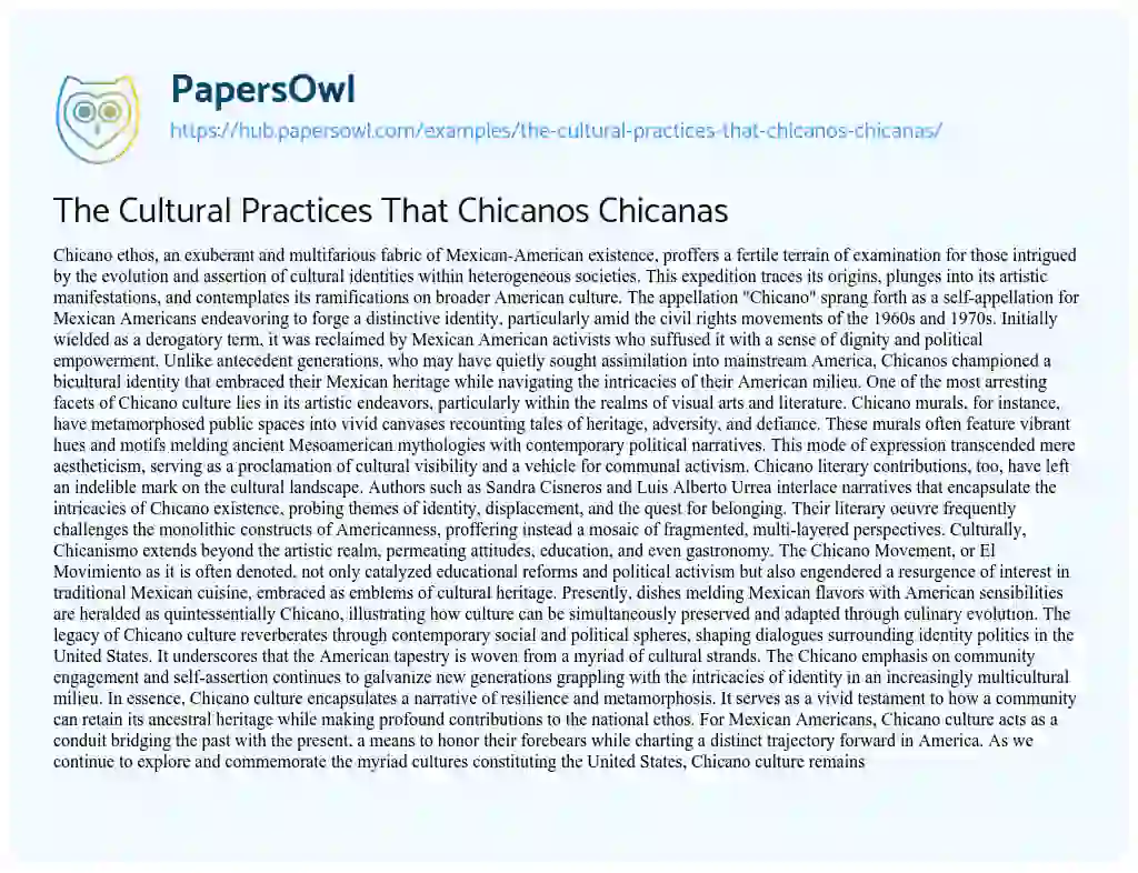 Essay on The Cultural Practices That Chicanos Chicanas