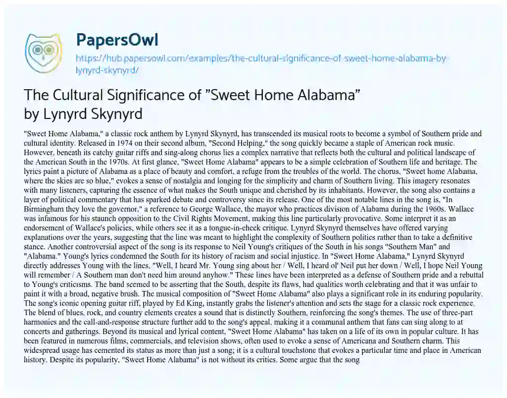 Essay on The Cultural Significance of “Sweet Home Alabama” by Lynyrd Skynyrd