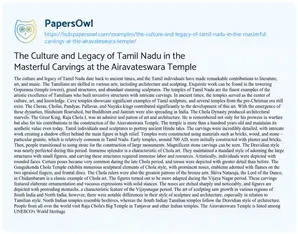 Essay on The Culture and Legacy of Tamil Nadu in the Masterful Carvings at the Airavateswara Temple