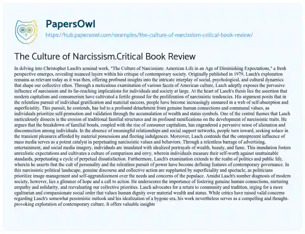 Essay on The Culture of Narcissism.Critical Book Review