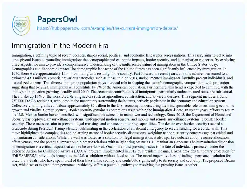Essay on Immigration in the Modern Era