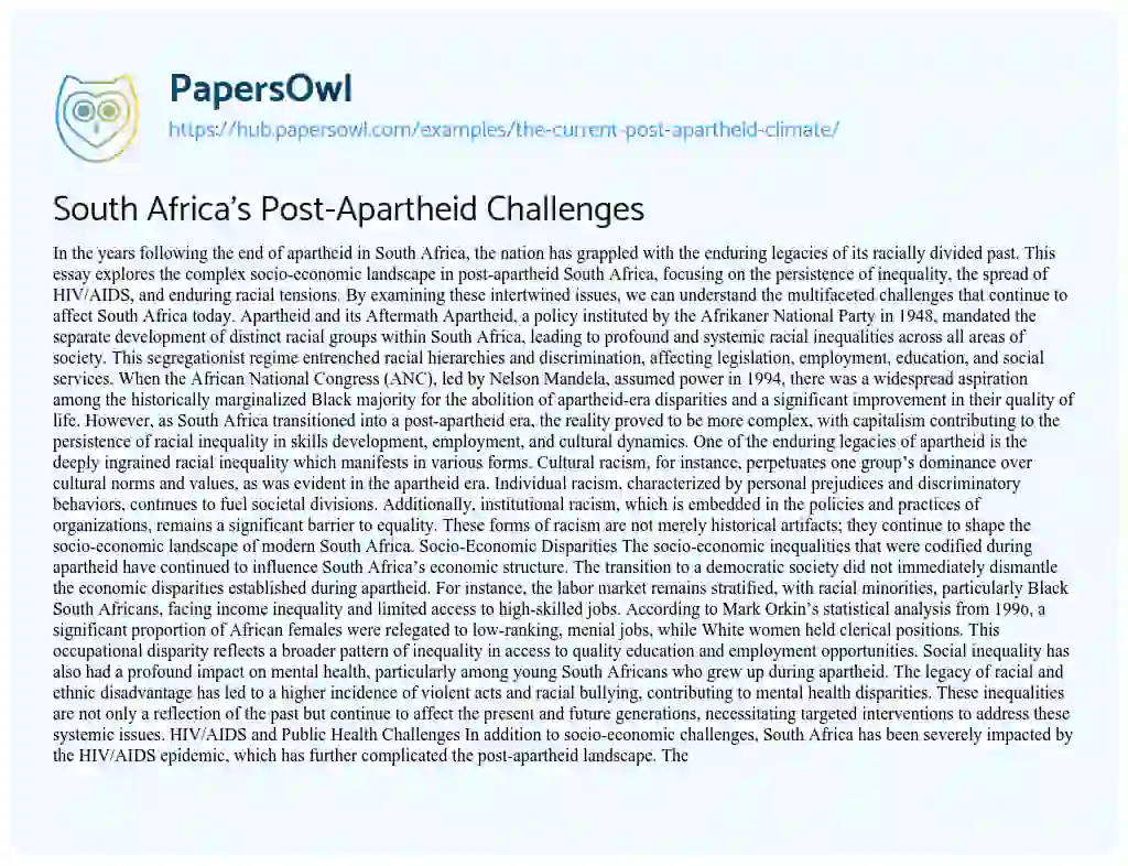 Essay on South Africa’s Post-Apartheid Challenges