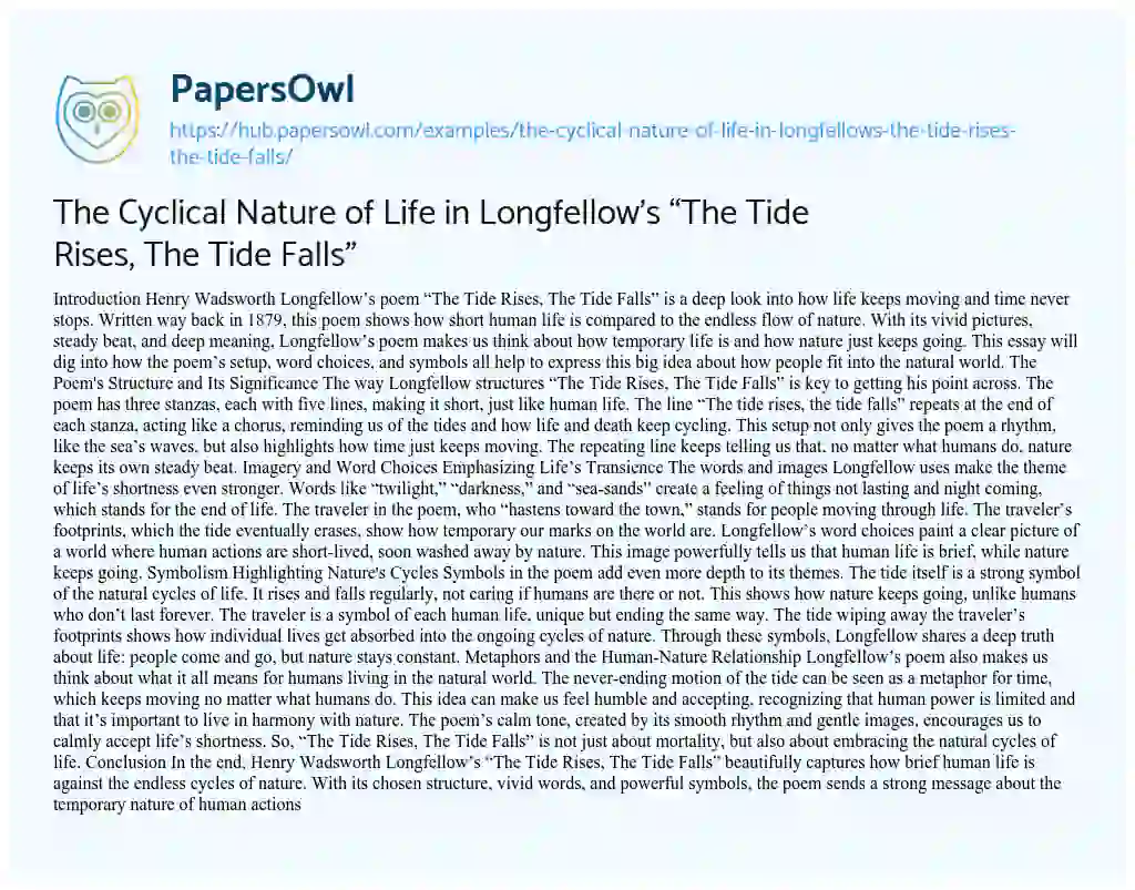 Essay on The Cyclical Nature of Life in Longfellow’s “The Tide Rises, The Tide Falls”