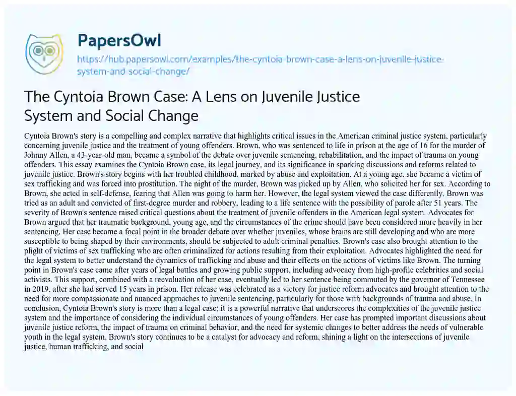Essay on The Cyntoia Brown Case: A Lens on Juvenile Justice System and Social Change