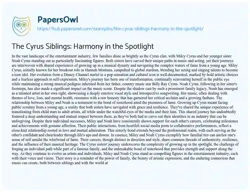 Essay on The Cyrus Siblings: Harmony in the Spotlight