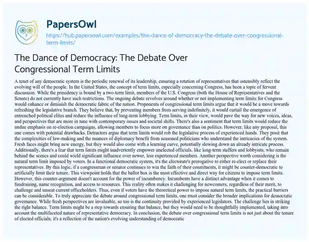 Essay on The Dance of Democracy: The Debate Over Congressional Term Limits