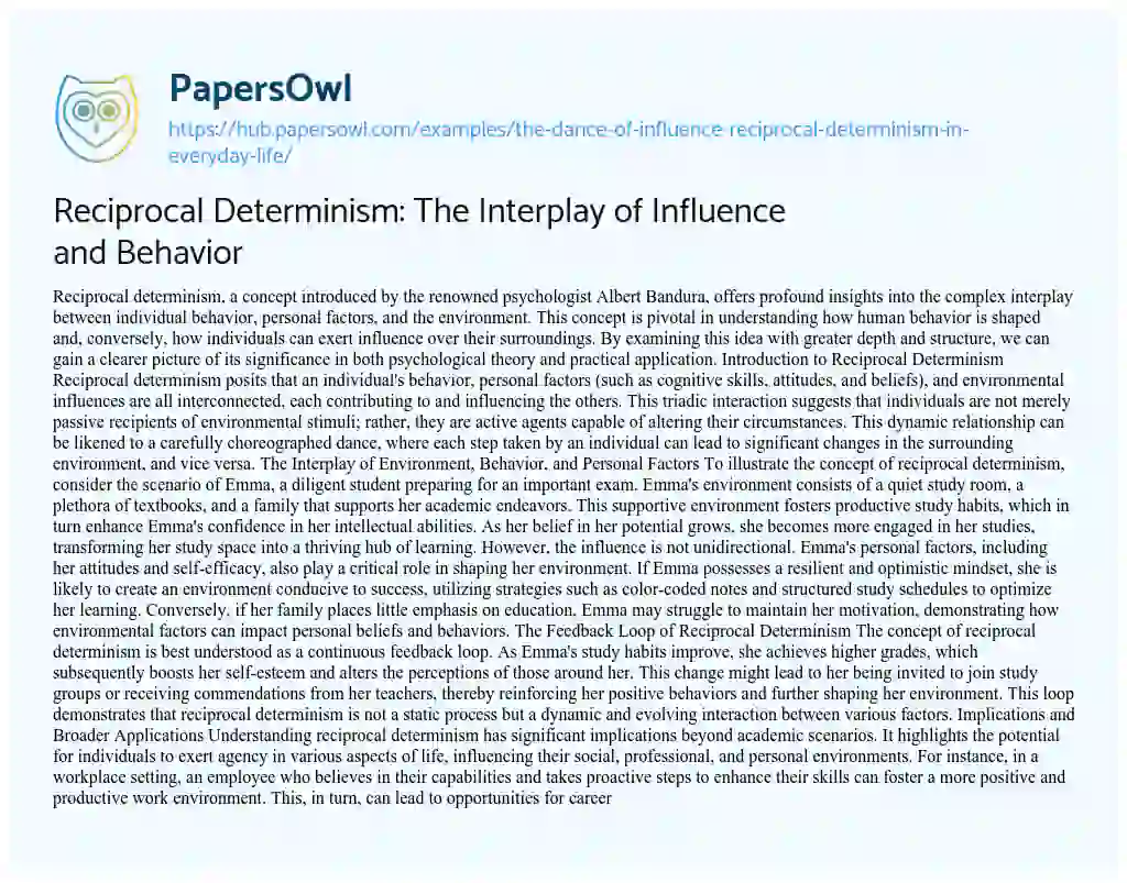 Essay on Reciprocal Determinism: The Interplay of Influence and Behavior