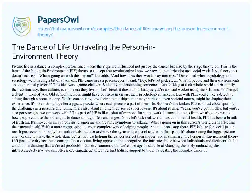 Essay on The Dance of Life: Unraveling the Person-in-Environment Theory