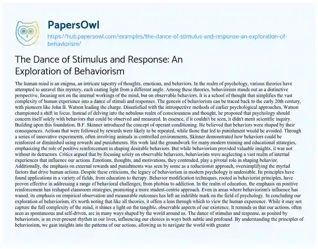 Essay on The Dance of Stimulus and Response: An Exploration of Behaviorism