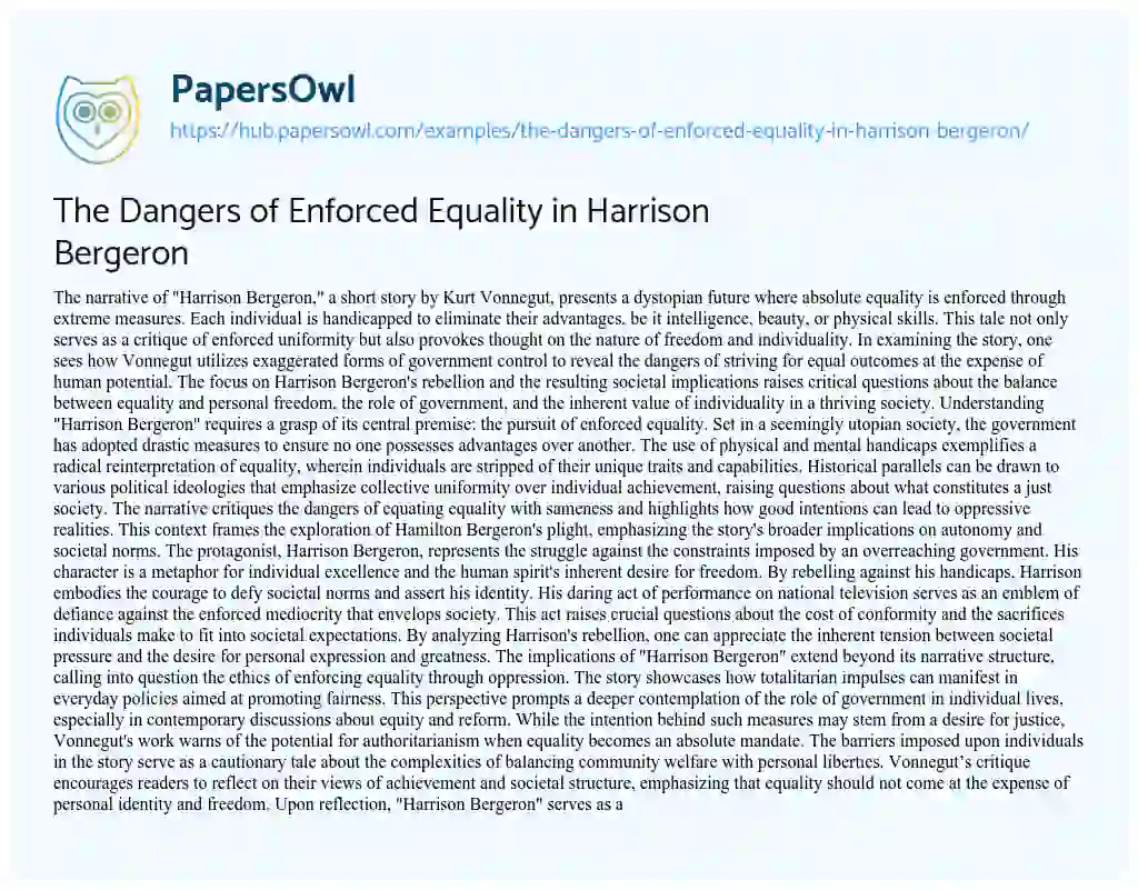 Essay on The Dangers of Enforced Equality in Harrison Bergeron