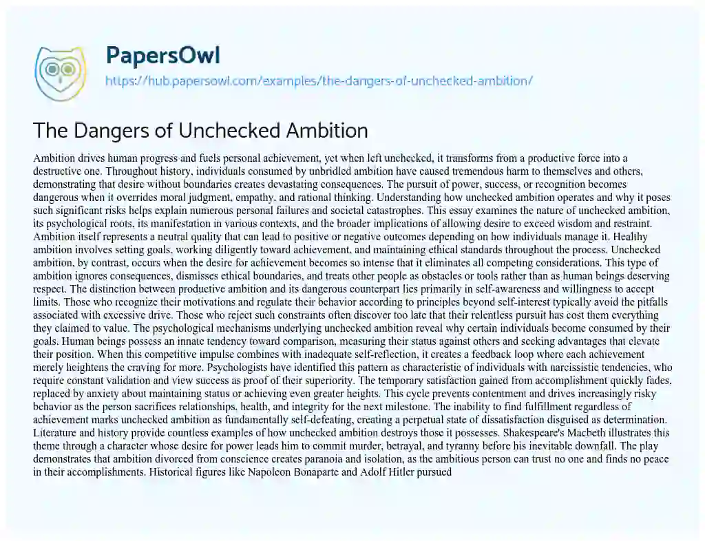 Essay on The Dangers of Unchecked Ambition