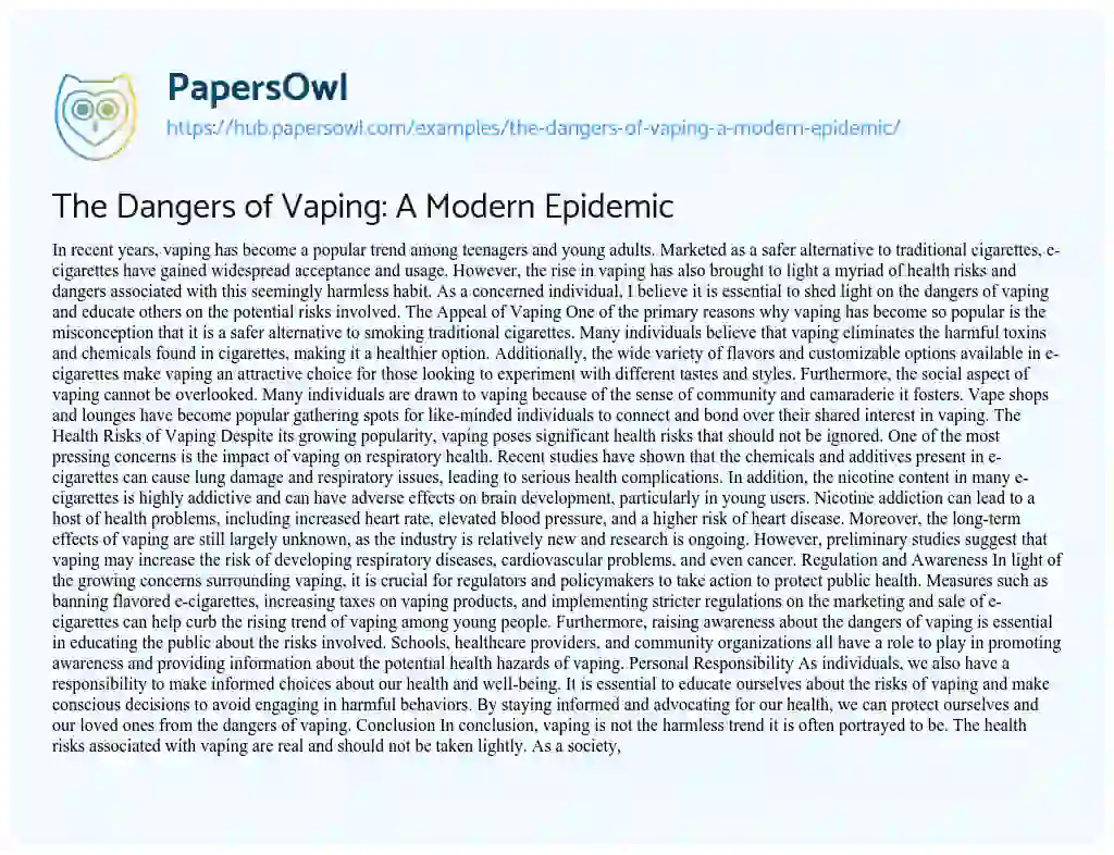 Essay on The Dangers of Vaping: A Modern Epidemic