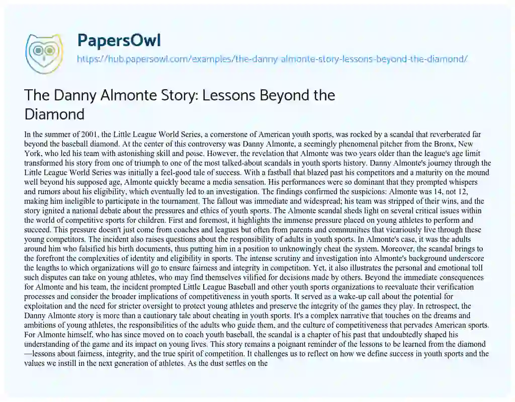 Essay on The Danny Almonte Story: Lessons Beyond the Diamond