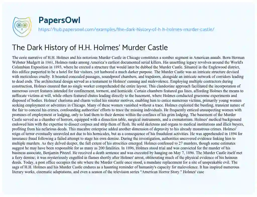 Essay on The Dark History of H.H. Holmes’ Murder Castle