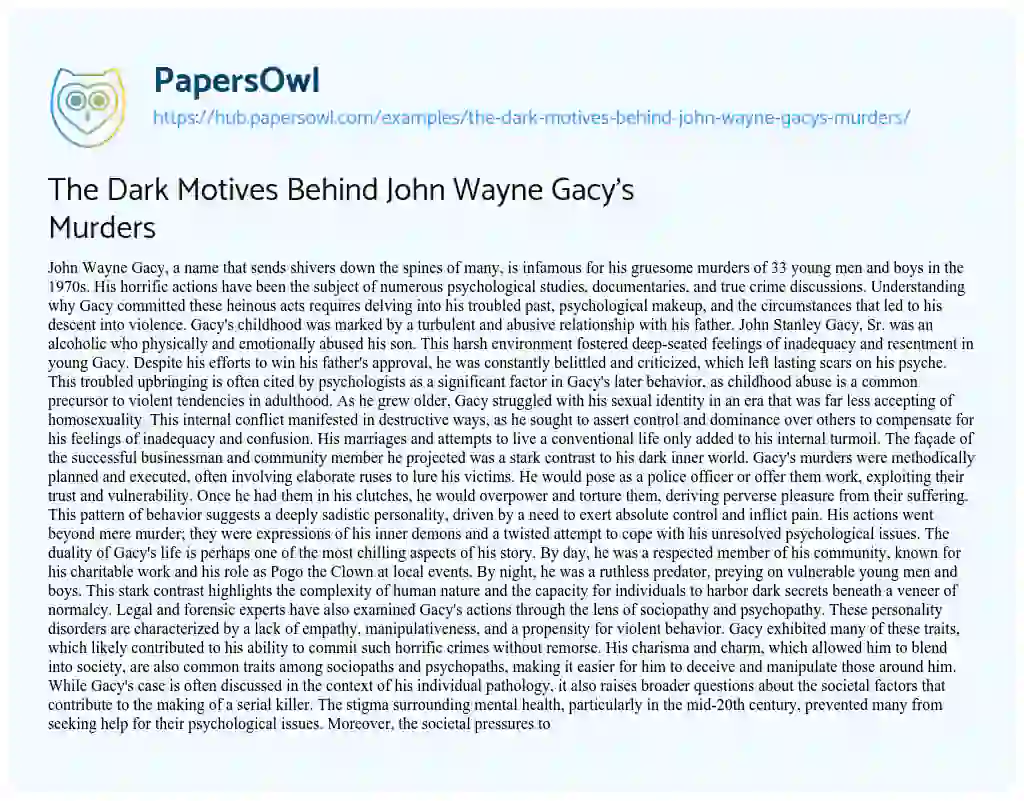 Essay on The Dark Motives Behind John Wayne Gacy’s Murders