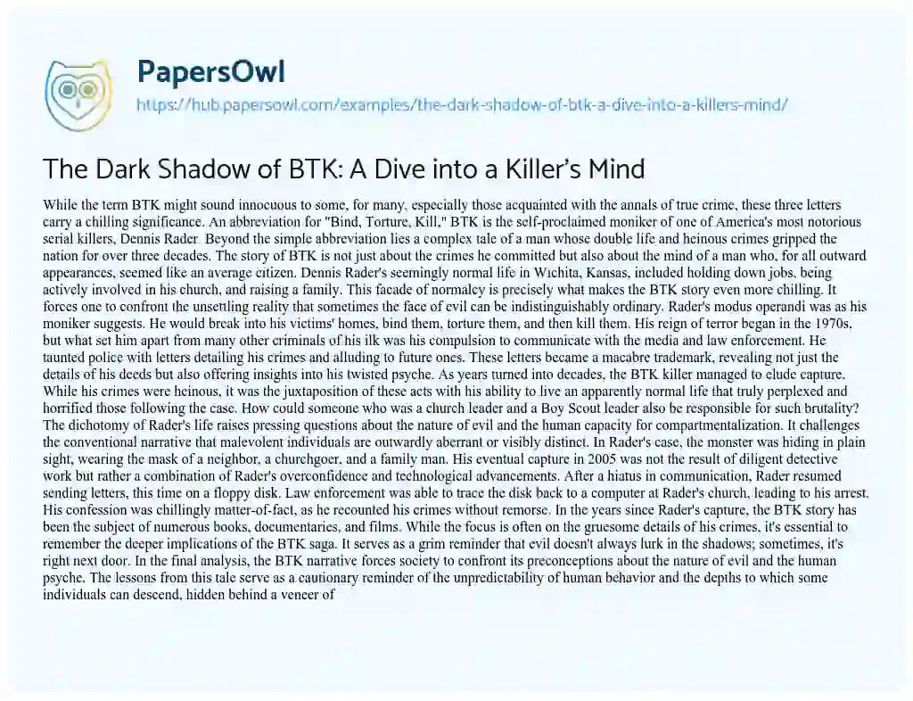 Essay on The Dark Shadow of BTK: A Dive into a Killer’s Mind