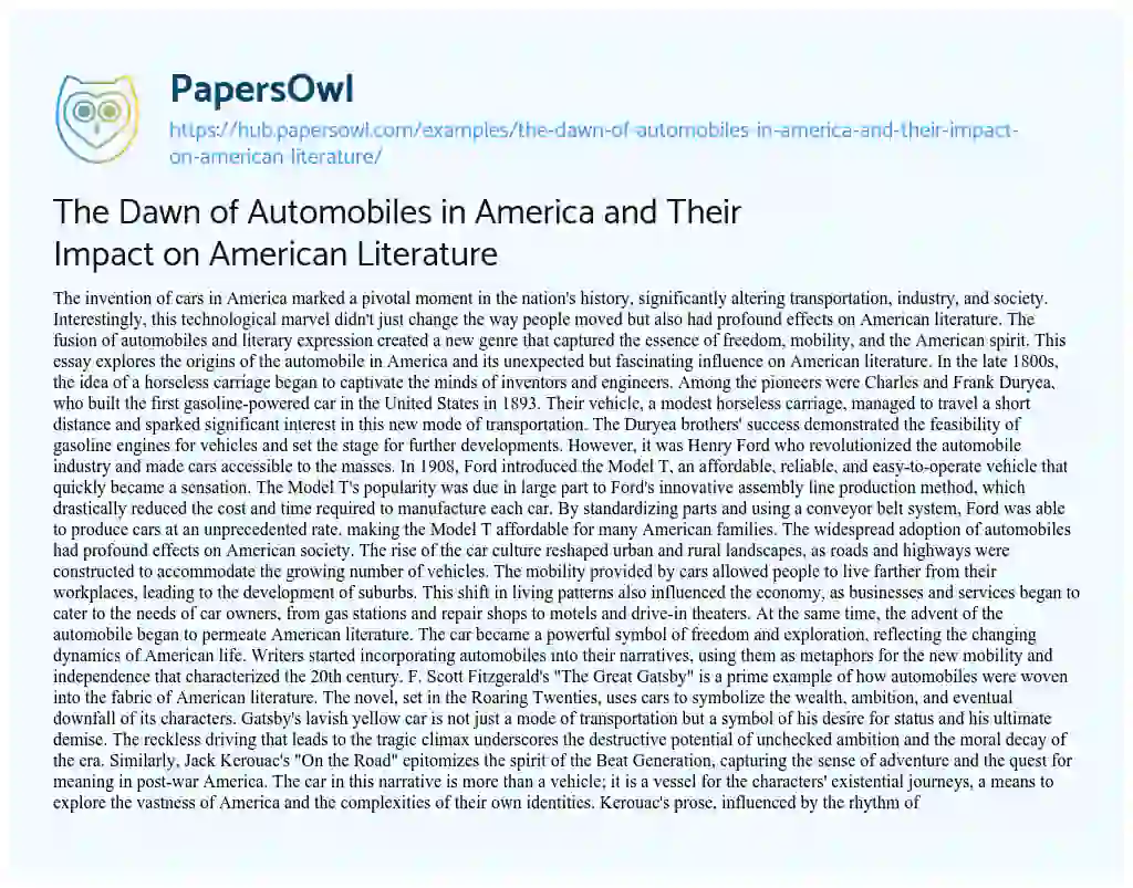 Essay on The Dawn of Automobiles in America and Their Impact on American Literature