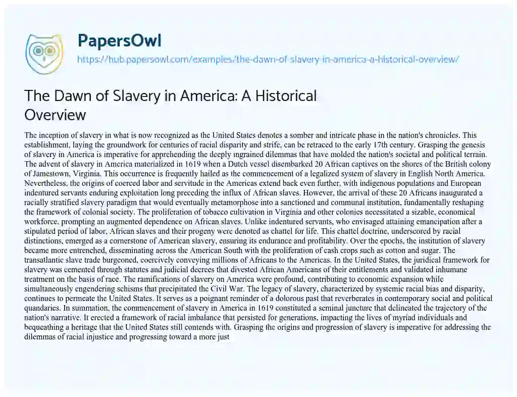 Essay on The Dawn of Slavery in America: A Historical Overview
