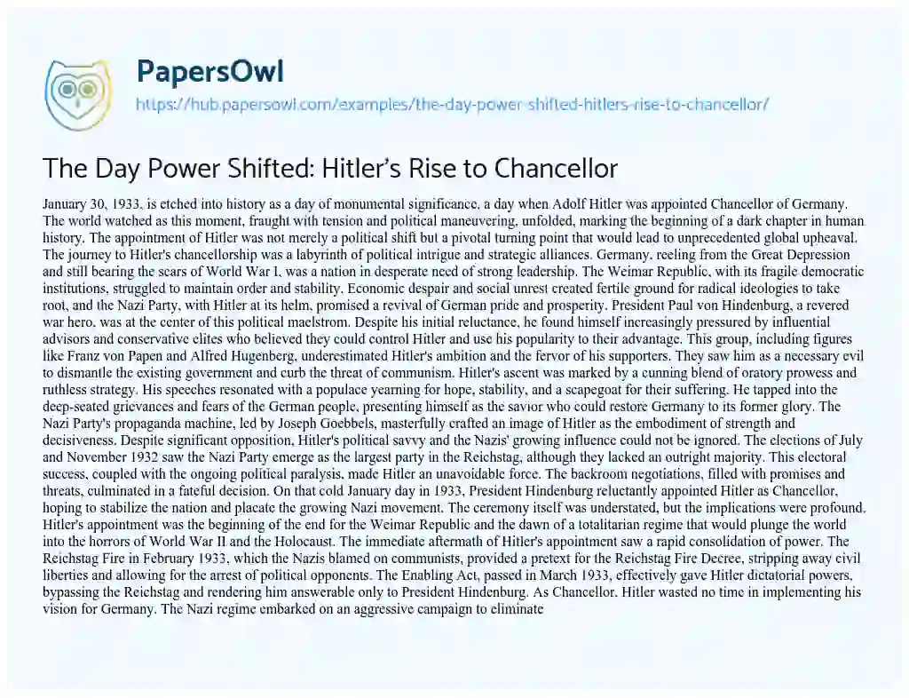 Essay on The Day Power Shifted: Hitler’s Rise to Chancellor