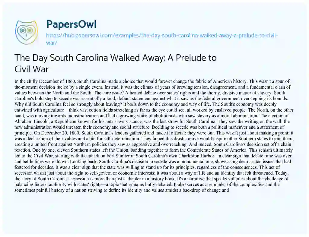 Essay on The Day South Carolina Walked Away: A Prelude to Civil War