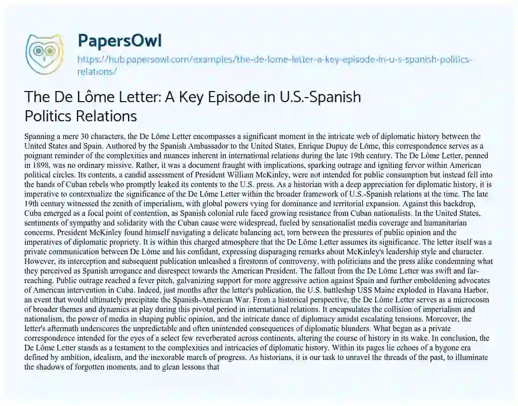 Essay on The De Lôme Letter: A Key Episode in U.S.-Spanish Politics Relations