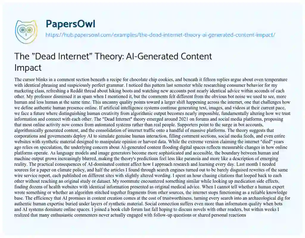 Essay on The “Dead Internet” Theory: AI-Generated Content Impact