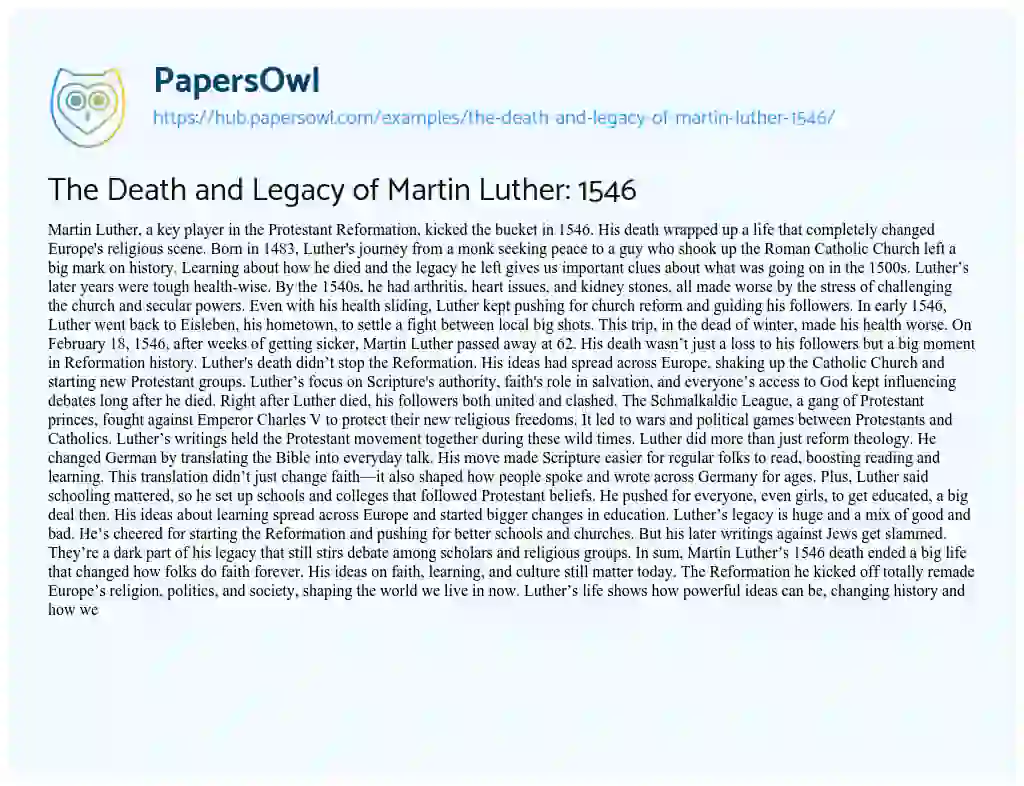 Essay on The Death and Legacy of Martin Luther: 1546
