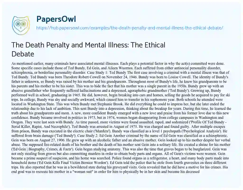 Essay on The Death Penalty and Mental Illness: The Ethical Debate