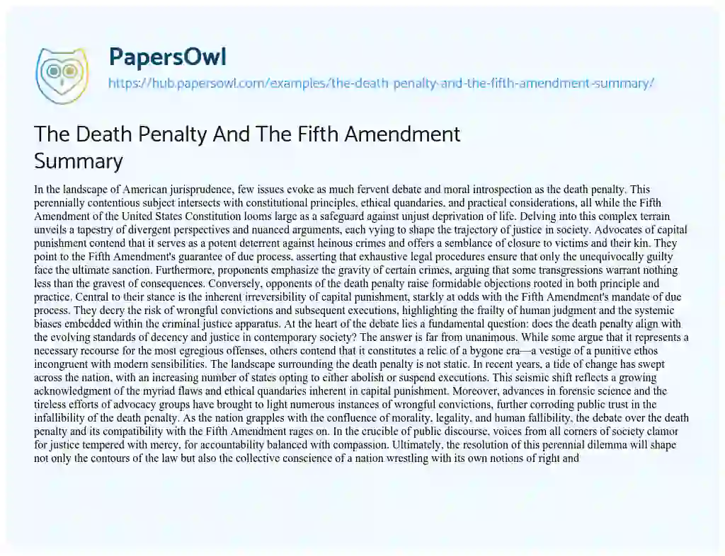 Essay on The Death Penalty And The Fifth Amendment Summary