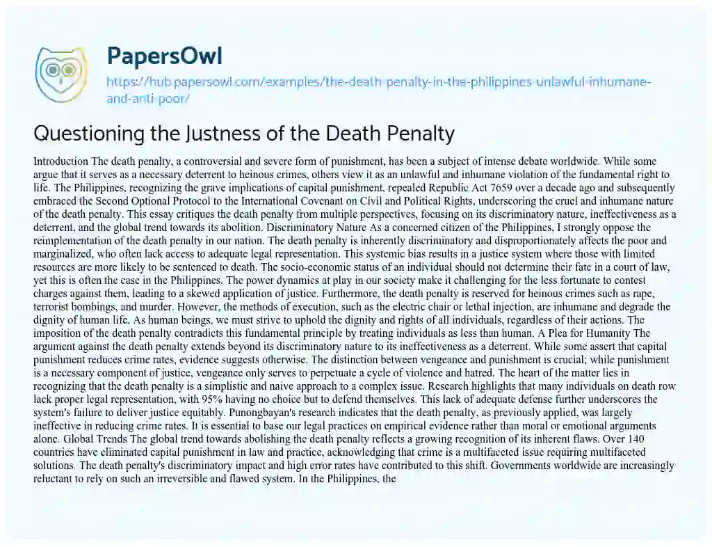 Essay on Questioning the Justness of the Death Penalty