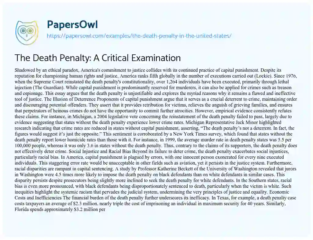 Essay on The Death Penalty: A Critical Examination