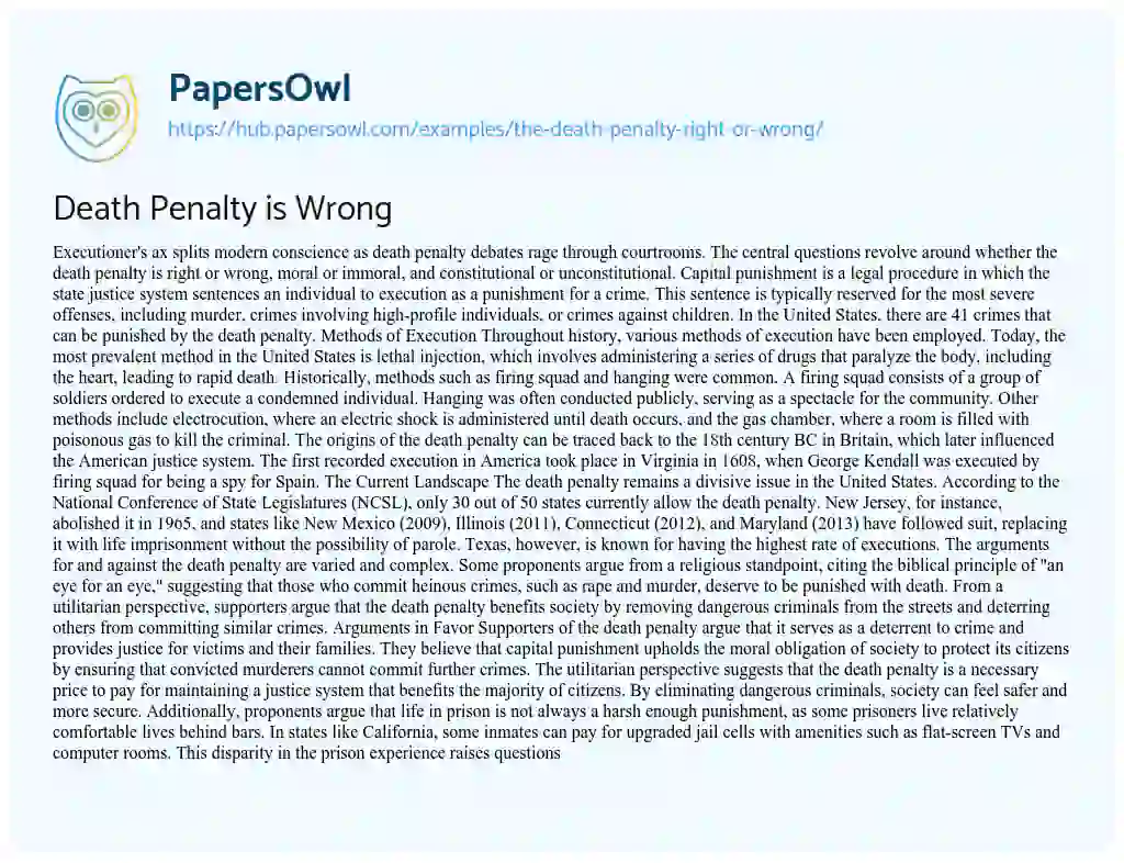 Essay on Death Penalty is Wrong