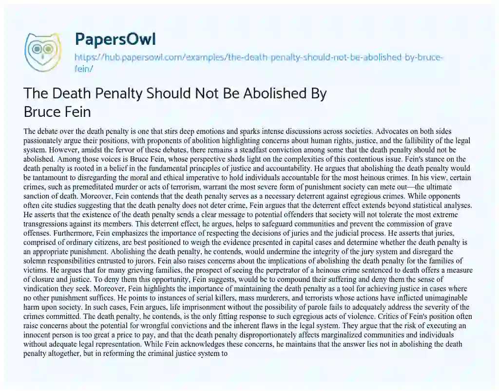 Essay on The Death Penalty Should Not Be Abolished By Bruce Fein