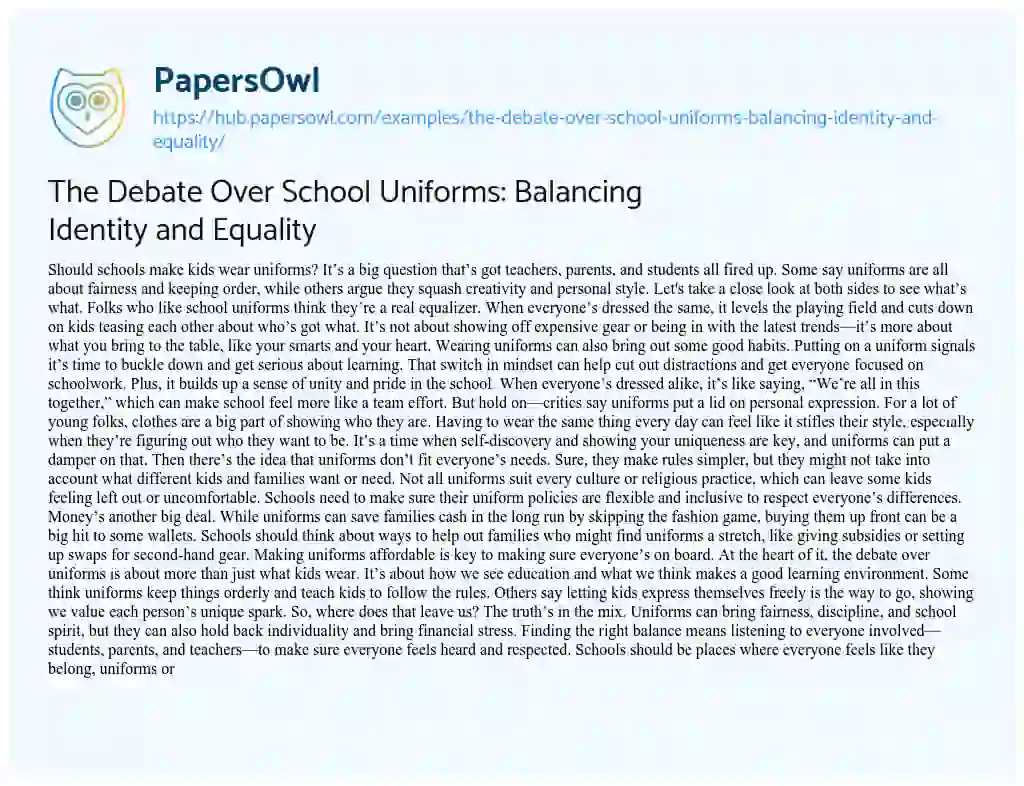 Essay on The Debate Over School Uniforms: Balancing Identity and Equality