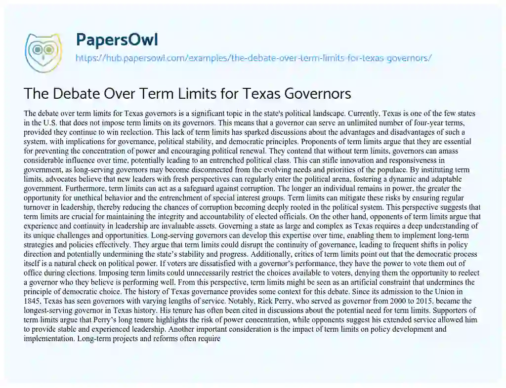 Essay on The Debate Over Term Limits for Texas Governors