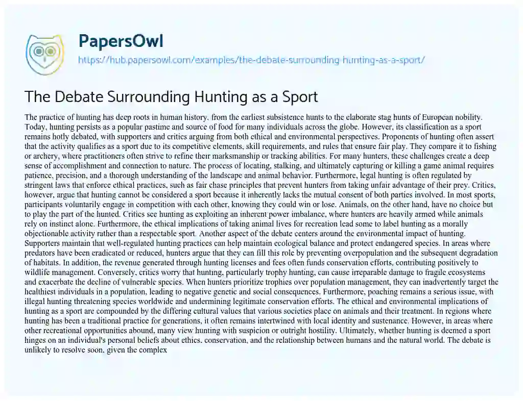 Essay on The Debate Surrounding Hunting as a Sport