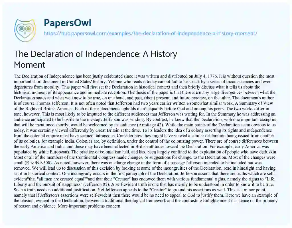 Essay on The Declaration of Independence: A History Moment