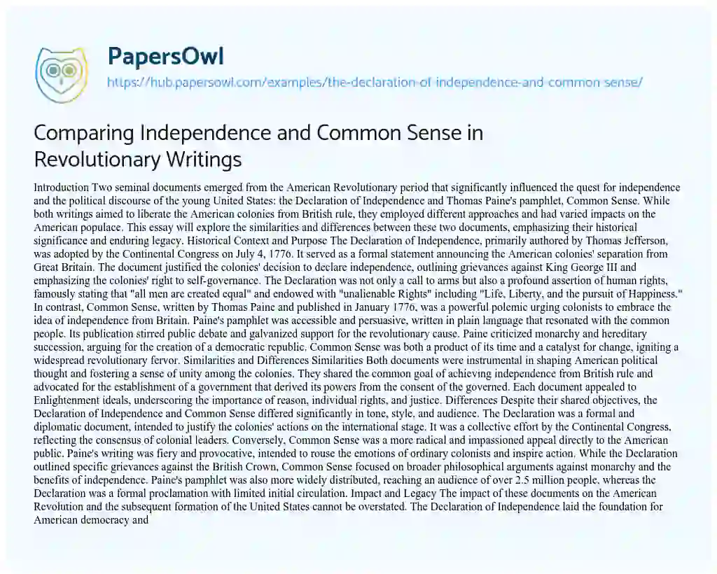 Essay on Comparing Independence and Common Sense in Revolutionary Writings