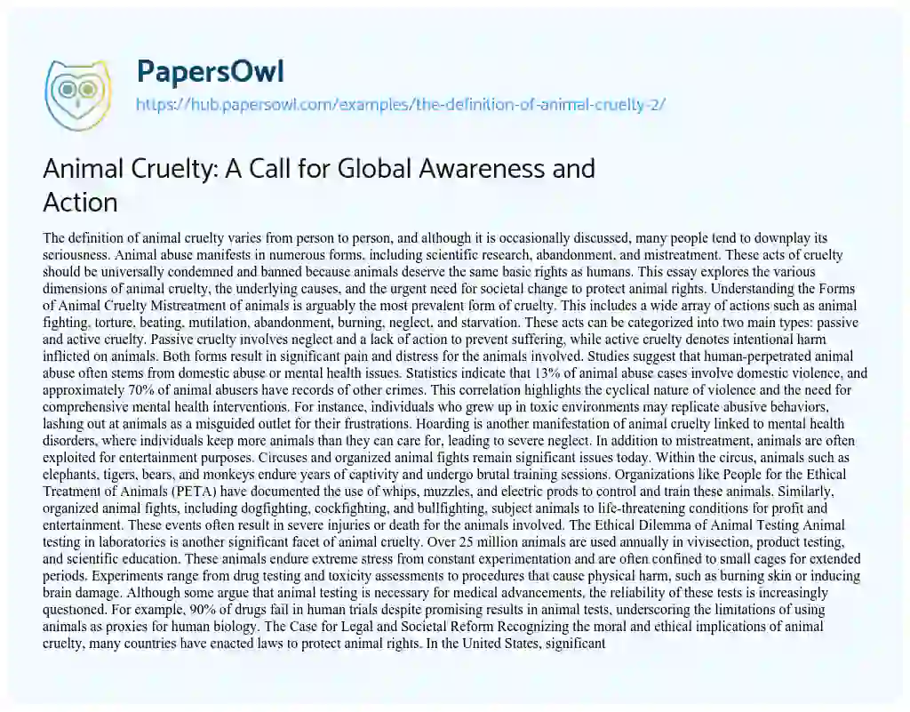 Essay on Animal Cruelty: A Call for Global Awareness and Action