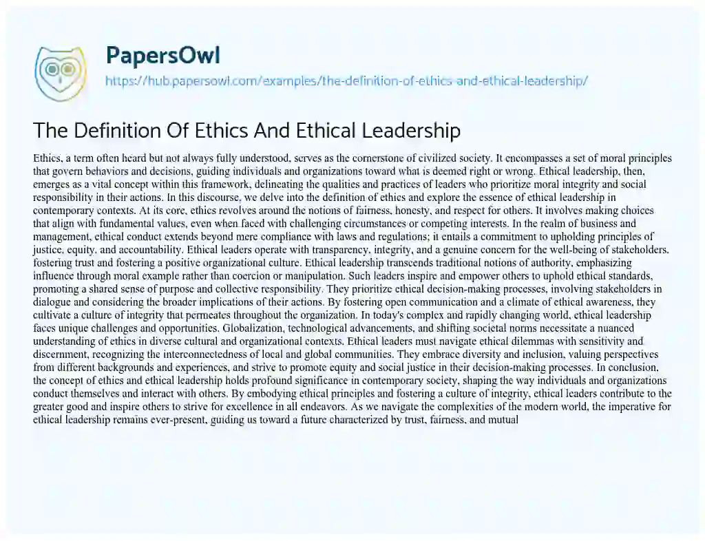 Essay on The Definition Of Ethics And Ethical Leadership