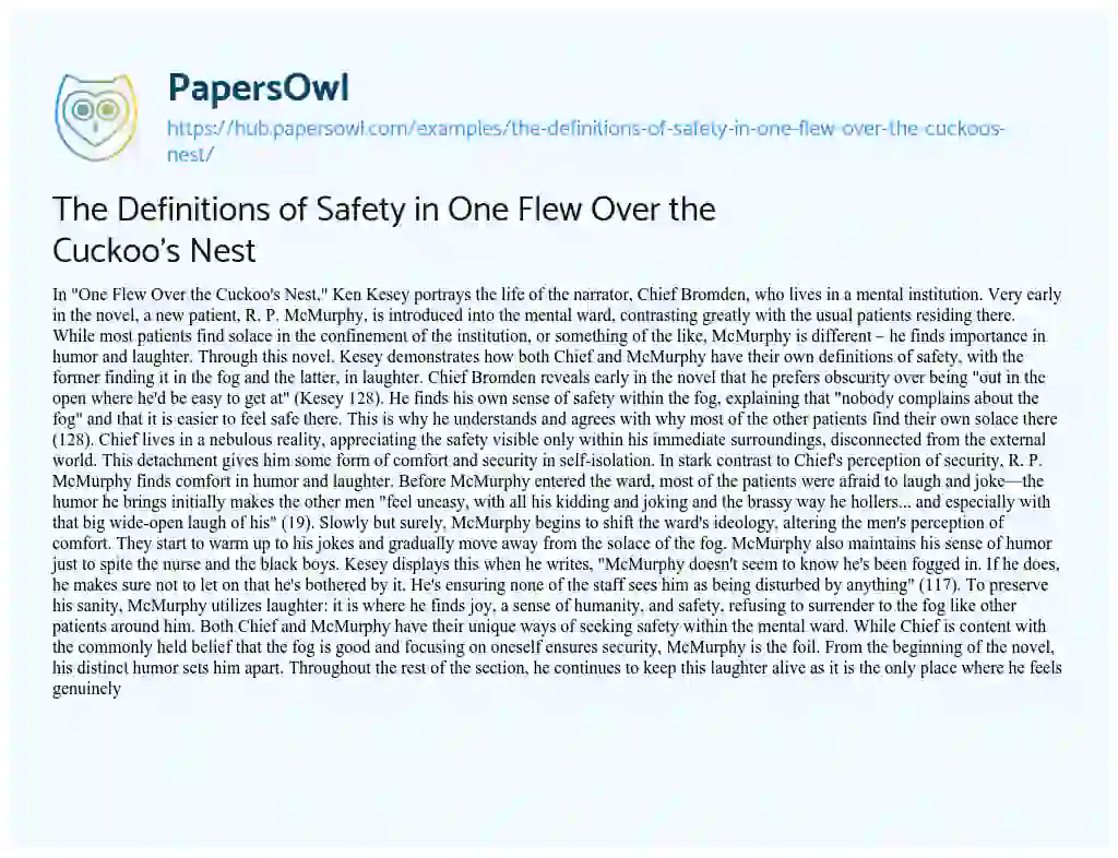 Essay on The Definitions of Safety in One Flew Over the Cuckoo’s Nest