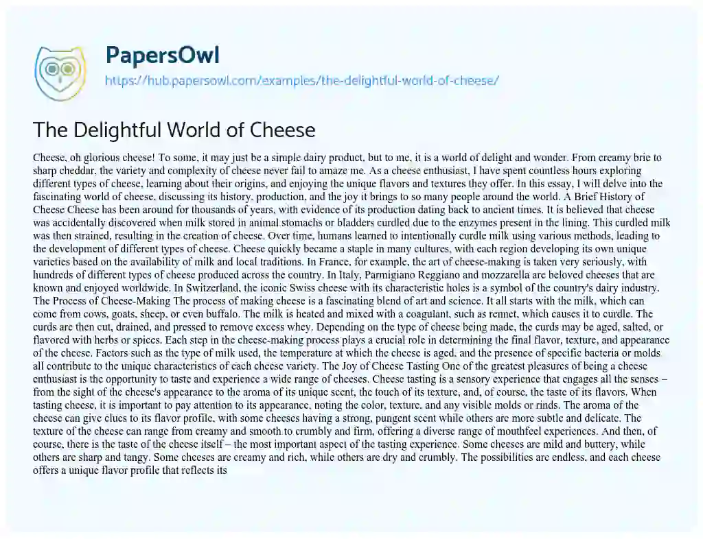 Essay on The Delightful World of Cheese
