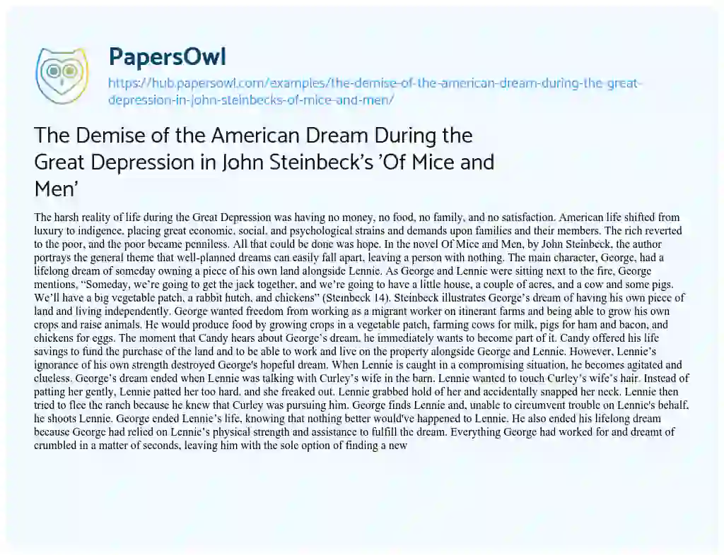 Essay on The Demise of the American Dream During the Great Depression in John Steinbeck’s ‘Of Mice and Men’
