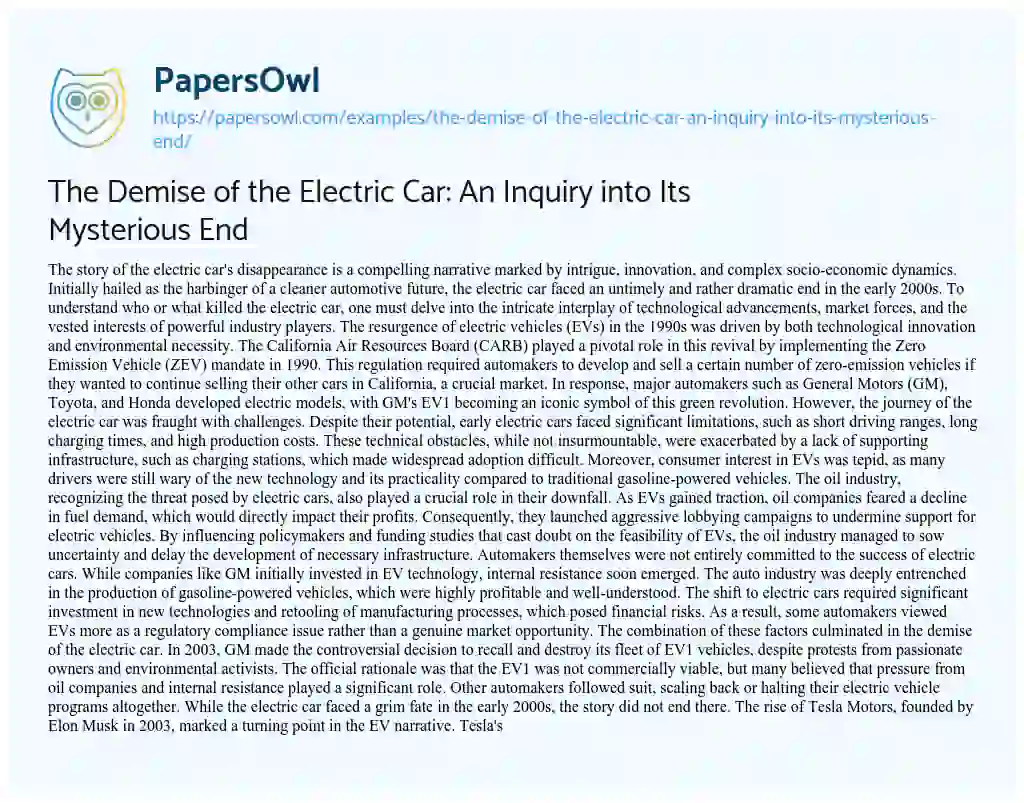 Essay on The Demise of the Electric Car: An Inquiry into Its Mysterious End