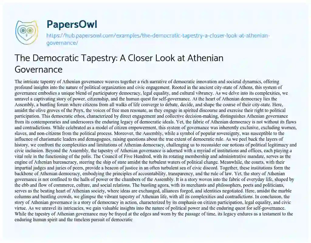 Essay on The Democratic Tapestry: A Closer Look at Athenian Governance