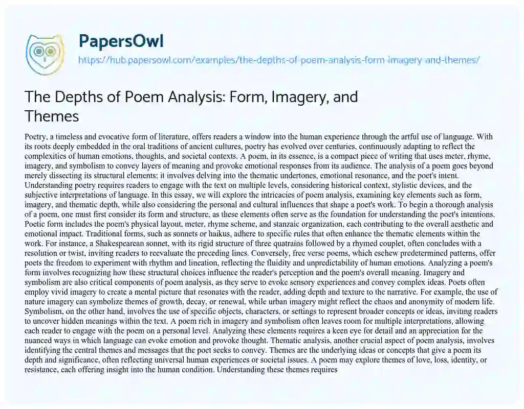 Essay on The Depths of Poem Analysis: Form, Imagery, and Themes